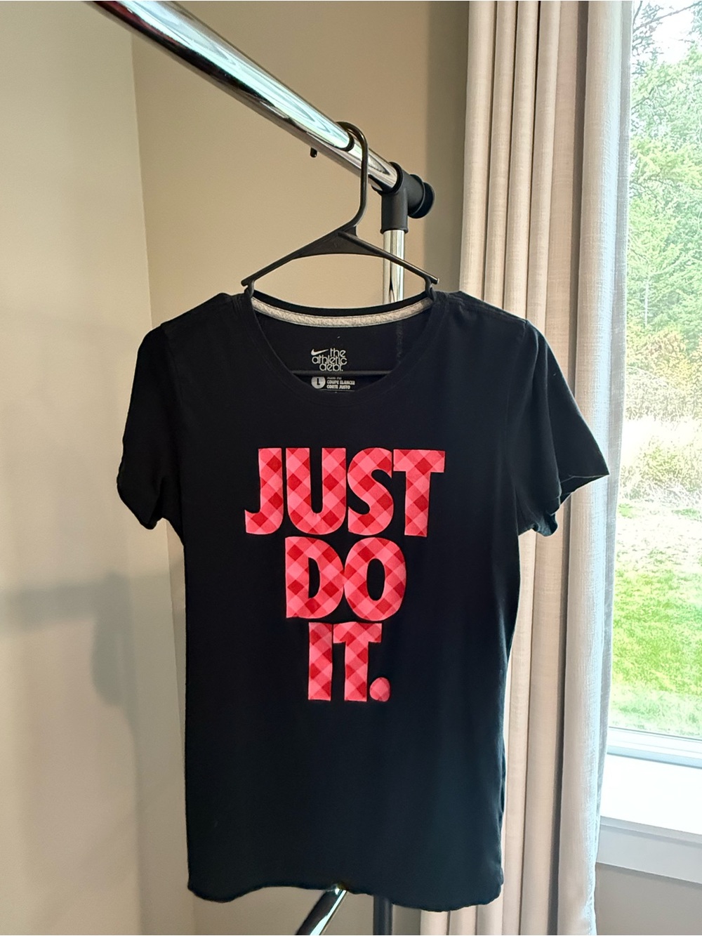 Nike Black Short-Sleeve Tee with Pink Plaid "JUST DO IT." Graphic
